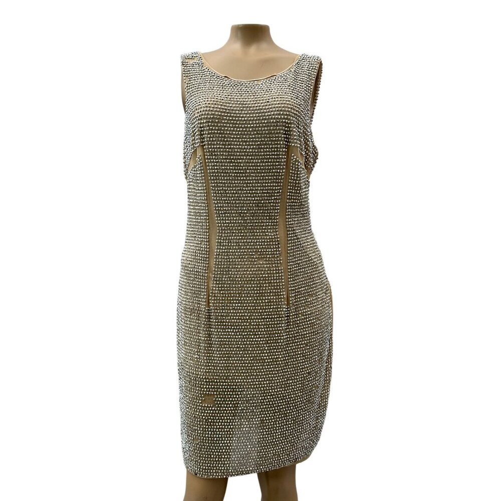 Cache Women‎ Dress Y2K Sleeveless Rhinestone Embellished Mesh Beige Silver M